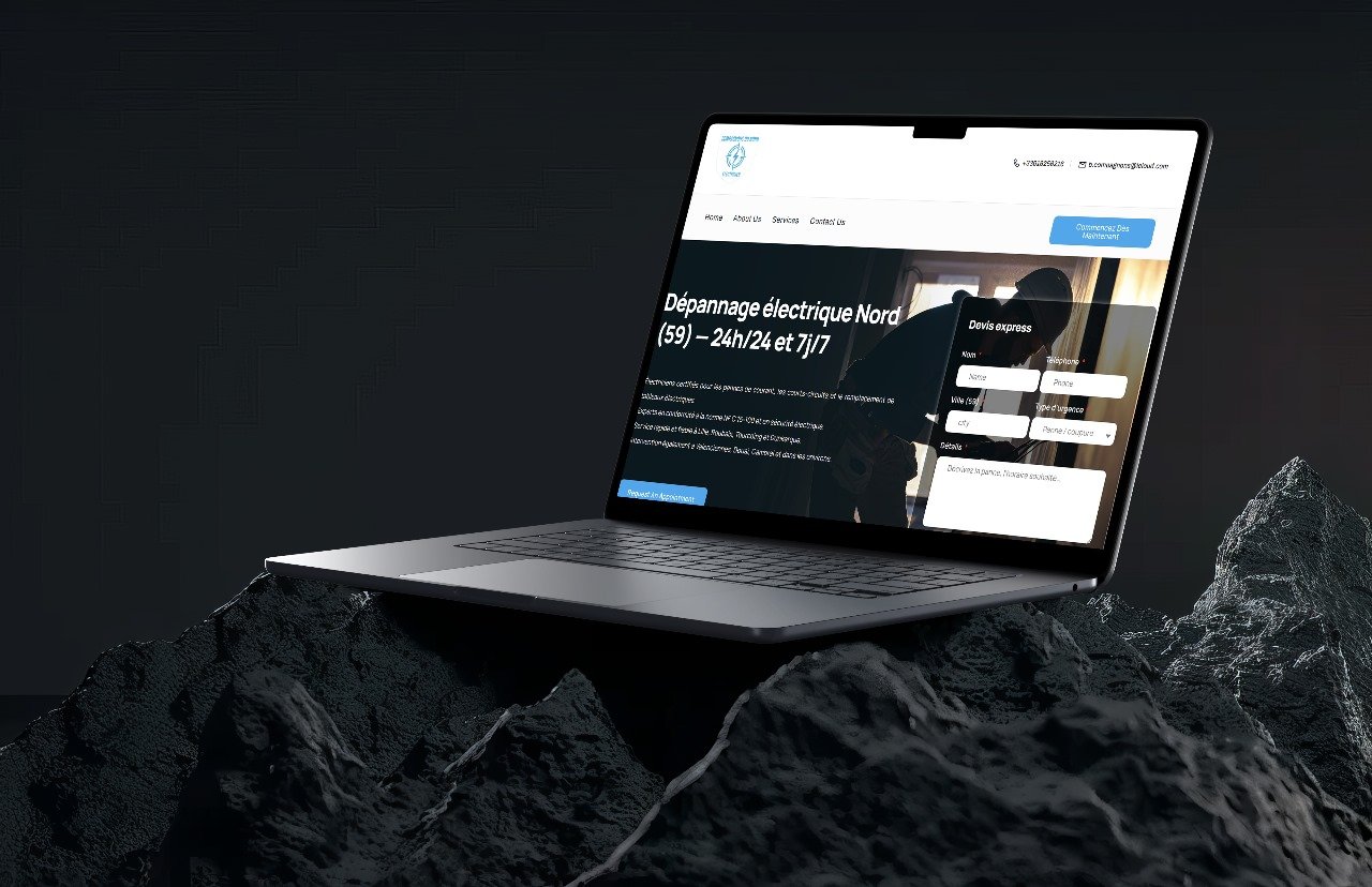 Real TzExperts client site shown on a laptop mockup — an electrical services website built for a home services contractor